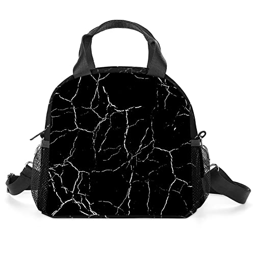 Hozojuw Marble Lunch Bag Black Marble Insulated Lunch Box Waterproof Lunch Tote with Shoulder Strap for Boy Girl Men Women (Black Marble)