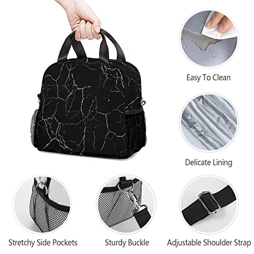 Hozojuw Marble Lunch Bag Black Marble Insulated Lunch Box Waterproof Lunch Tote with Shoulder Strap for Boy Girl Men Women (Black Marble)