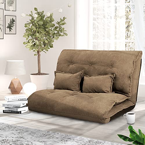 TY ARTS & CULTURE Sofa Bed Adjustable Folding Leisure Comfortable Floor Sofa Chair with 2 Pillows, Futon Sofa Bed, Futon Couch, TV Floor Gaming Couch Lazy Sofa for Bedroom/Living Room/Balcony (Brown)