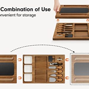 Easoger Acacia Cheese Board and Knife Set - 28" × 11" Extra Large Charcuterie Board Set, Magnetic 3 in 1 Cheese Tray Platter with Rich Accessories, Gift for House Warming, Anniversary, Christmas