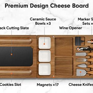 Easoger Acacia Cheese Board and Knife Set - 28" × 11" Extra Large Charcuterie Board Set, Magnetic 3 in 1 Cheese Tray Platter with Rich Accessories, Gift for House Warming, Anniversary, Christmas