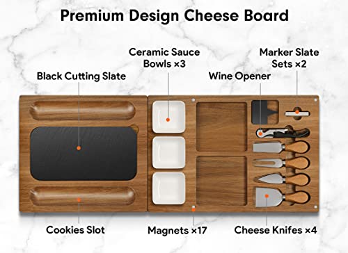 Easoger Acacia Cheese Board and Knife Set - 28" × 11" Extra Large Charcuterie Board Set, Magnetic 3 in 1 Cheese Tray Platter with Rich Accessories, Gift for House Warming, Anniversary, Christmas