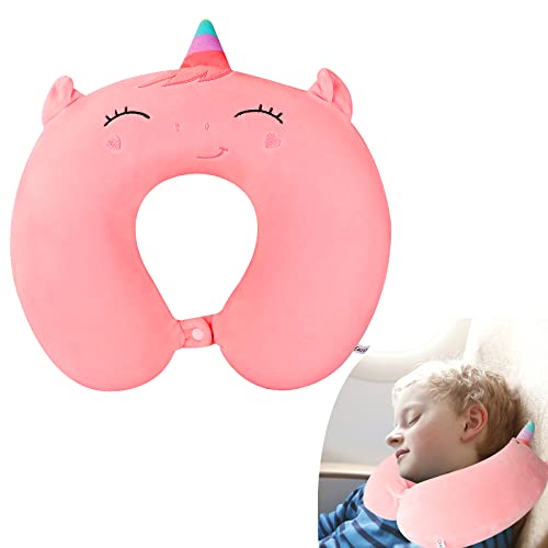 DIGHEIGG Kids Neck Pillow for Traveling, Unicorn Gifts for Girls,Toddler, Kids,Travel Pillow Memory Foam Neck Support Prevent Head from Falling Forward for Airplane, Car Seat,Train, Pink