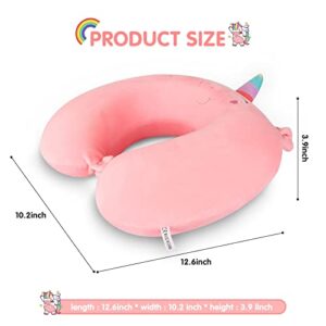 DIGHEIGG Kids Neck Pillow for Traveling, Unicorn Gifts for Girls,Toddler, Kids,Travel Pillow Memory Foam Neck Support Prevent Head from Falling Forward for Airplane, Car Seat,Train, Pink