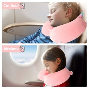 DIGHEIGG Kids Neck Pillow for Traveling, Unicorn Gifts for Girls,Toddler, Kids,Travel Pillow Memory Foam Neck Support Prevent Head from Falling Forward for Airplane, Car Seat,Train, Pink