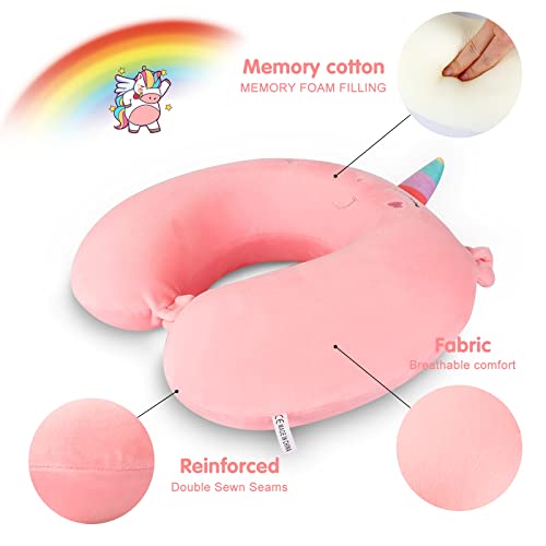 DIGHEIGG Kids Neck Pillow for Traveling, Unicorn Gifts for Girls,Toddler, Kids,Travel Pillow Memory Foam Neck Support Prevent Head from Falling Forward for Airplane, Car Seat,Train, Pink