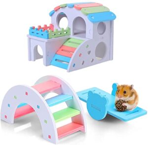 afxobo 3pcs hamster house bridge hamster seesaw nest wooden color seesaw arch bridge villa for small hamster