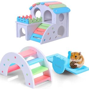 AFXOBO 3Pcs Hamster House Bridge Hamster Seesaw Nest Wooden Color Seesaw Arch Bridge Villa for Small Hamster