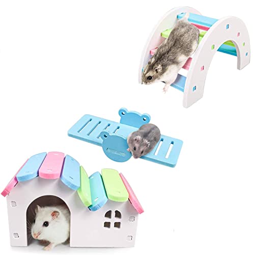 AFXOBO 3Pcs Hamster House Bridge Hamster Seesaw Nest Wooden Color Seesaw Arch Bridge Villa for Small Hamster