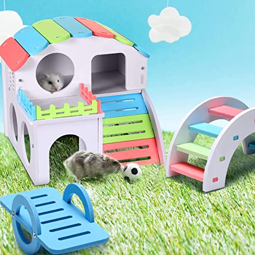 AFXOBO 3Pcs Hamster House Bridge Hamster Seesaw Nest Wooden Color Seesaw Arch Bridge Villa for Small Hamster