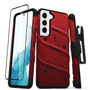 zizo bolt bundle for galaxy s22 case with screen protector kickstand holster lanyard - red