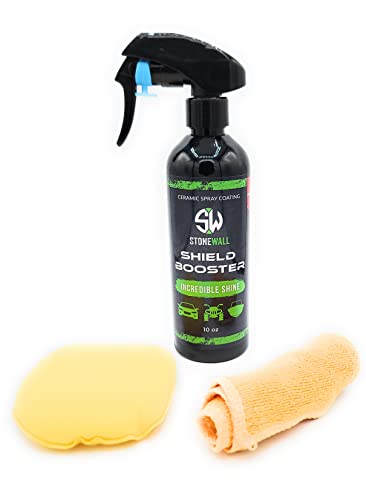 Shield Booster-Stonewall Ceramic Spray - High Gloss Armor Coating for Detailing and Incredible Shine With Microfiber Polish Cloth and Auto Sponge Applicator- Water Repelling Hydrophobic Spray