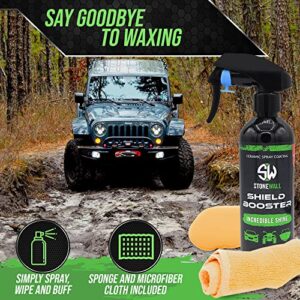 Shield Booster-Stonewall Ceramic Spray - High Gloss Armor Coating for Detailing and Incredible Shine With Microfiber Polish Cloth and Auto Sponge Applicator- Water Repelling Hydrophobic Spray