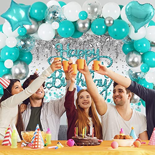 Happy Birthday Decorations Teal Balloon Garland for Girls Birthday Teal and silver Glitter Backdrop Teal Blue Balloons Garland Kit and Teal Dot Disposable Tablecloth