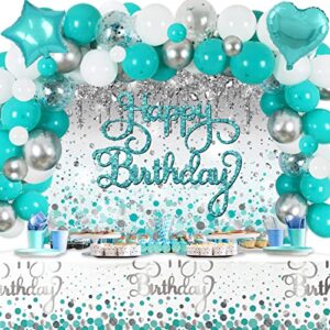 happy birthday decorations teal balloon garland for girls birthday teal and silver glitter backdrop teal blue balloons garland kit and teal dot disposable tablecloth