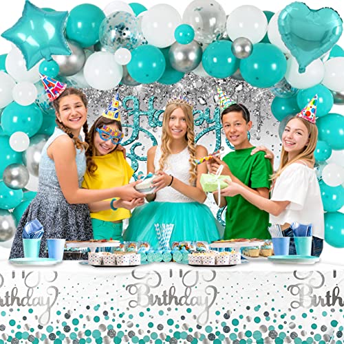 Happy Birthday Decorations Teal Balloon Garland for Girls Birthday Teal and silver Glitter Backdrop Teal Blue Balloons Garland Kit and Teal Dot Disposable Tablecloth