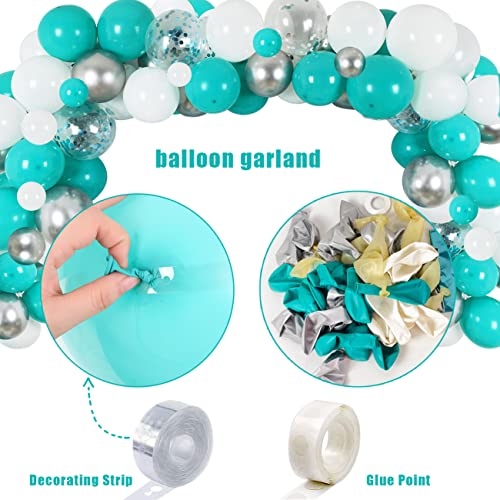 Happy Birthday Decorations Teal Balloon Garland for Girls Birthday Teal and silver Glitter Backdrop Teal Blue Balloons Garland Kit and Teal Dot Disposable Tablecloth