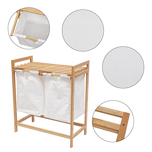Fetcoi Bamboo Laundry Hamper Basket, 2 Sections Laundry Clothes Hamper Sorter with Removable Sliding Bag Shelf, Laundry Organizer and Storage Cabinet for Bathroom, 25.2 x12.99 x28.74in
