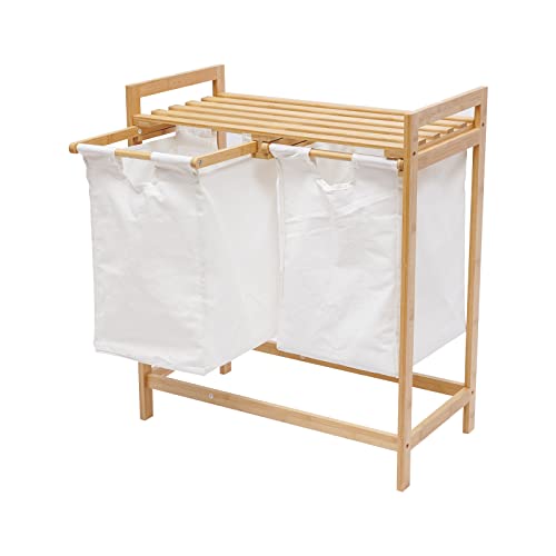 Fetcoi Bamboo Laundry Hamper Basket, 2 Sections Laundry Clothes Hamper Sorter with Removable Sliding Bag Shelf, Laundry Organizer and Storage Cabinet for Bathroom, 25.2 x12.99 x28.74in