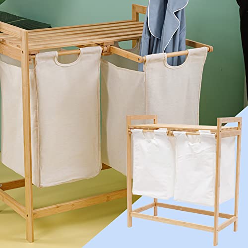 Fetcoi Bamboo Laundry Hamper Basket, 2 Sections Laundry Clothes Hamper Sorter with Removable Sliding Bag Shelf, Laundry Organizer and Storage Cabinet for Bathroom, 25.2 x12.99 x28.74in