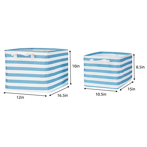 WLFRHD Collapsible Storage Basket 16.5x12x10.5 inches Rectangular Fabric Storage Bin for Shelves Toy Waterproof Canvas Cute Storage Bins Playroom Gift 2-Pack (Blue and White Stripes,Extra Large )