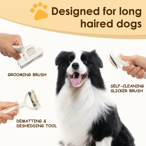 MIU PET Professional Long Haired Dog Grooming Kit - Cat Grooming Brush, Dog Deshedding Brush and Self-Cleaning Slicker Brush 3 in 1 Dog Brush Set Gift Box for Long Hair Dogs Owners