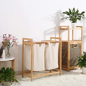 Bamboo Laundry Hamper with Dual Compartments,2 Section Floor Stand Bathroom Storage Shelf Cabinet with Removable Sliding Bags & Shelf Large Freestanding Portable Laundry Basket Hamper Organizer