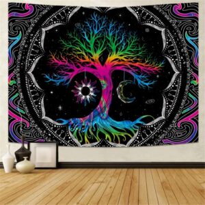 digheigg trippy tapestry room decor, tree of life tapestry for bedroom aesthetic moon and sun bohemian boho tapestries wall hanging for room (51.2 x 59.1 inches)