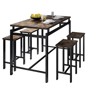 Dining Table Set for 4, 5 Pieces Kitchen Table and Chairs for Small Spaces, Bar Table and Chairs Set, Person Counter Height Table Set with 4 Chairs for Pub Dinner Breakfast(Distressed Brown)