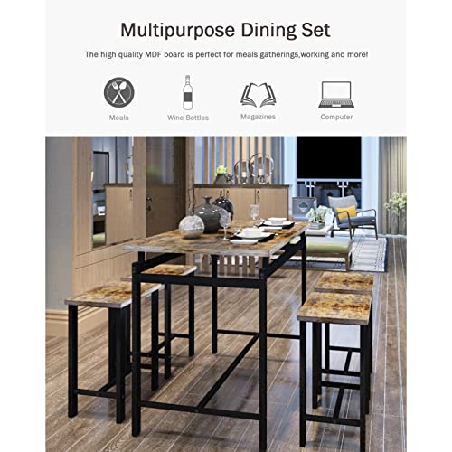 Dining Table Set for 4, 5 Pieces Kitchen Table and Chairs for Small Spaces, Bar Table and Chairs Set, Person Counter Height Table Set with 4 Chairs for Pub Dinner Breakfast(Distressed Brown)