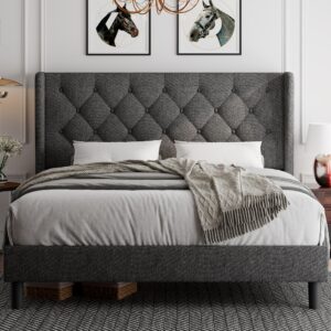 ipormis queen bed frame upholstered wingback platform bed frame with diamond button tufted headboard, 8" under-bed space, sturdy wooden slats, noise-free, no box spring needed, dark gray
