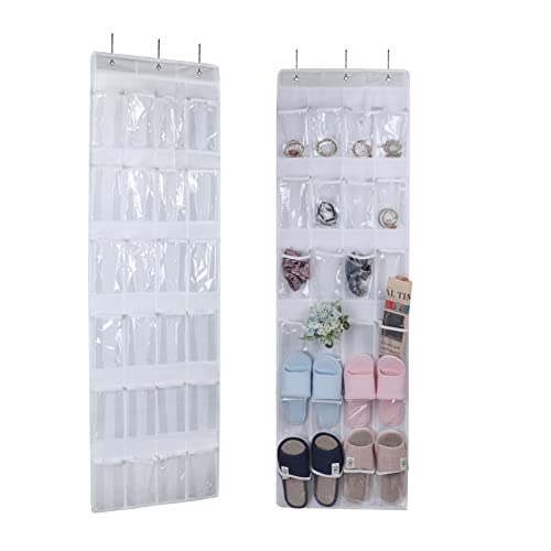 EXYGLO 2 Pack Over the Door Shoe Organizer, 24 Clear Pockets Hanging Shoes Rack for Closet Door Storage, 58.28" x 17.72" (White)