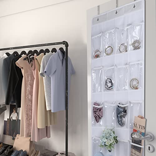 EXYGLO 2 Pack Over the Door Shoe Organizer, 24 Clear Pockets Hanging Shoes Rack for Closet Door Storage, 58.28" x 17.72" (White)