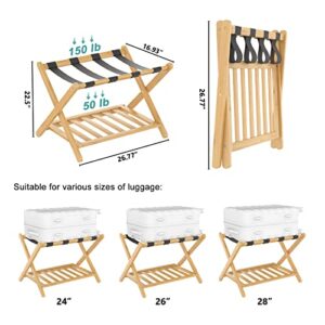 Smart FENDEE 26.77" Fully Assembled Natural Luggage Rack for Guest Room, Bamboo Wide Suitcase Stand with Storage Shelf, Folding Luggage Holder for Bedroom, Hotel