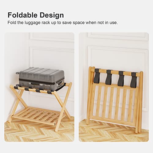 Smart FENDEE 26.77" Fully Assembled Natural Luggage Rack for Guest Room, Bamboo Wide Suitcase Stand with Storage Shelf, Folding Luggage Holder for Bedroom, Hotel