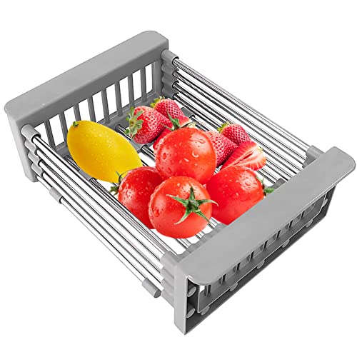 NANGAO Over The Sink Drain Strainer Basket Stainless Steel Small Drying Rack Collapsible Colander for RV Camper, Expandable Fruits Vegetables Bottle Washing Basket Kitchen Gadgets