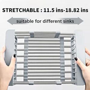 NANGAO Over The Sink Drain Strainer Basket Stainless Steel Small Drying Rack Collapsible Colander for RV Camper, Expandable Fruits Vegetables Bottle Washing Basket Kitchen Gadgets