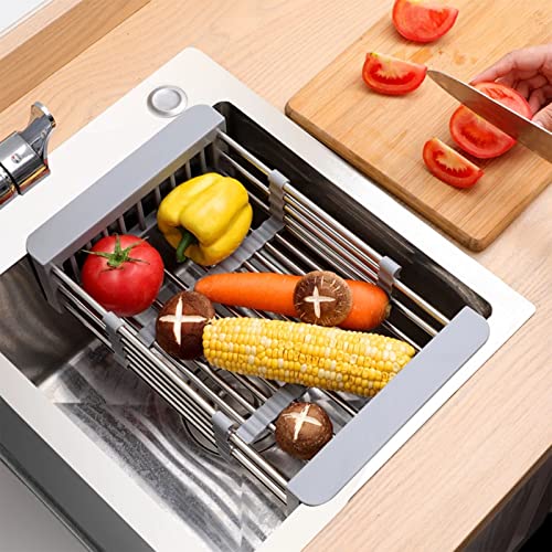 NANGAO Over The Sink Drain Strainer Basket Stainless Steel Small Drying Rack Collapsible Colander for RV Camper, Expandable Fruits Vegetables Bottle Washing Basket Kitchen Gadgets