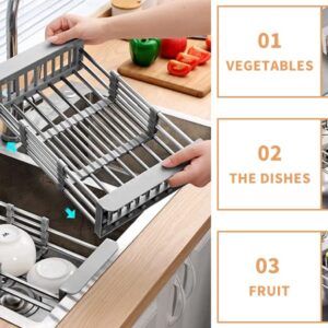 NANGAO Over The Sink Drain Strainer Basket Stainless Steel Small Drying Rack Collapsible Colander for RV Camper, Expandable Fruits Vegetables Bottle Washing Basket Kitchen Gadgets