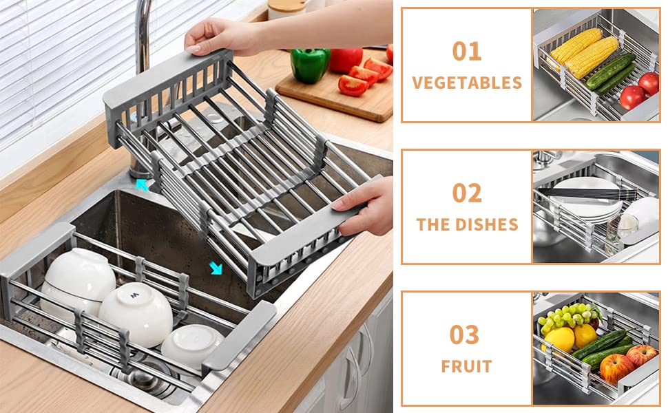 NANGAO Over The Sink Drain Strainer Basket Stainless Steel Small Drying Rack Collapsible Colander for RV Camper, Expandable Fruits Vegetables Bottle Washing Basket Kitchen Gadgets