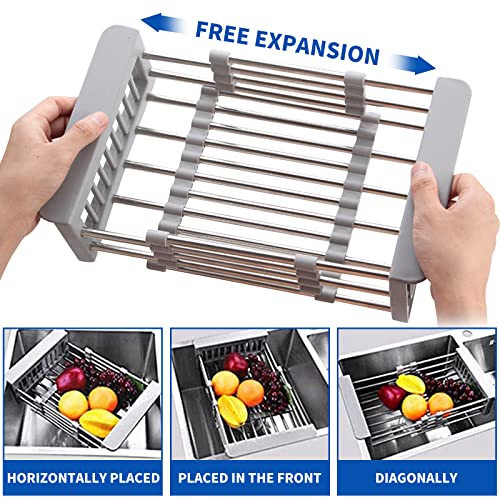 NANGAO Over The Sink Drain Strainer Basket Stainless Steel Small Drying Rack Collapsible Colander for RV Camper, Expandable Fruits Vegetables Bottle Washing Basket Kitchen Gadgets