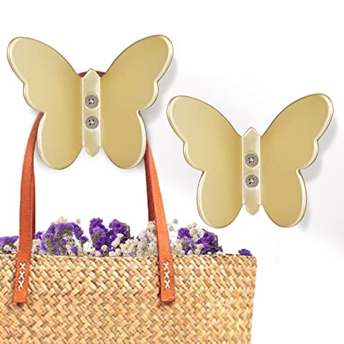 NiHome Matte Brass Butterfly Coat Hooks - Set of 2 Decorative Wall-Mounted Organizers with Multifunctional Design, Ideal for Home and Office Storage of Hats, Jackets and Purses