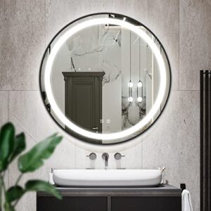 klc black led mirror round 24 inch, round bathroom mirror with smart touchless sensor, dimmable wall mounted vanity mirror with 3 color lights, anti-fog, cri 90+, ip54 waterproof
