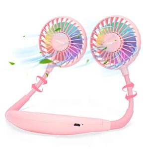 anglink portable neck fan with colorful led light 360° rotation - quiet hand free usb rechargeable battery operated small personal fans for kids travel camping outdoor office | pink