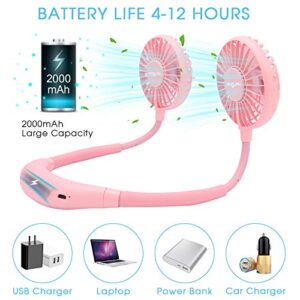 AngLink Portable Neck Fan with Colorful Led Light 360° Rotation - Quiet Hand Free USB Rechargeable Battery Operated Small Personal Fans for Kids Travel Camping Outdoor Office | Pink