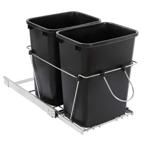 Saicool Pull Out Double Trash Can 35 Quart Metal Sliding System Pullout Shelf for Garbage Bin- Adjustable Under Counter Garbage Can Recycling Bin for Kitchen Cabinets