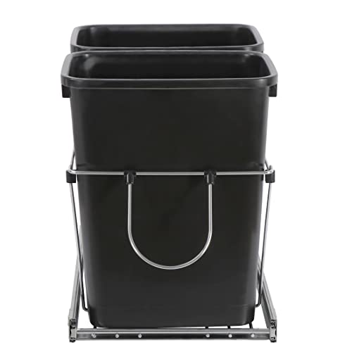 Saicool Pull Out Double Trash Can 35 Quart Metal Sliding System Pullout Shelf for Garbage Bin- Adjustable Under Counter Garbage Can Recycling Bin for Kitchen Cabinets