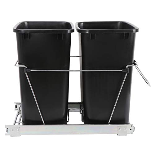 Saicool Pull Out Double Trash Can 35 Quart Metal Sliding System Pullout Shelf for Garbage Bin- Adjustable Under Counter Garbage Can Recycling Bin for Kitchen Cabinets