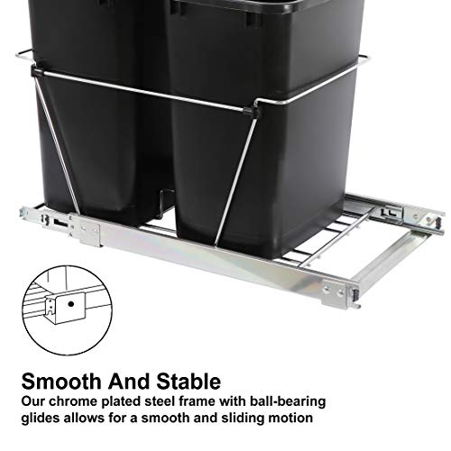 Saicool Pull Out Double Trash Can 35 Quart Metal Sliding System Pullout Shelf for Garbage Bin- Adjustable Under Counter Garbage Can Recycling Bin for Kitchen Cabinets