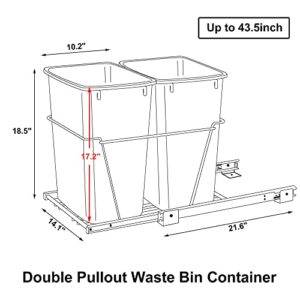 Saicool Pull Out Double Trash Can 35 Quart Metal Sliding System Pullout Shelf for Garbage Bin- Adjustable Under Counter Garbage Can Recycling Bin for Kitchen Cabinets